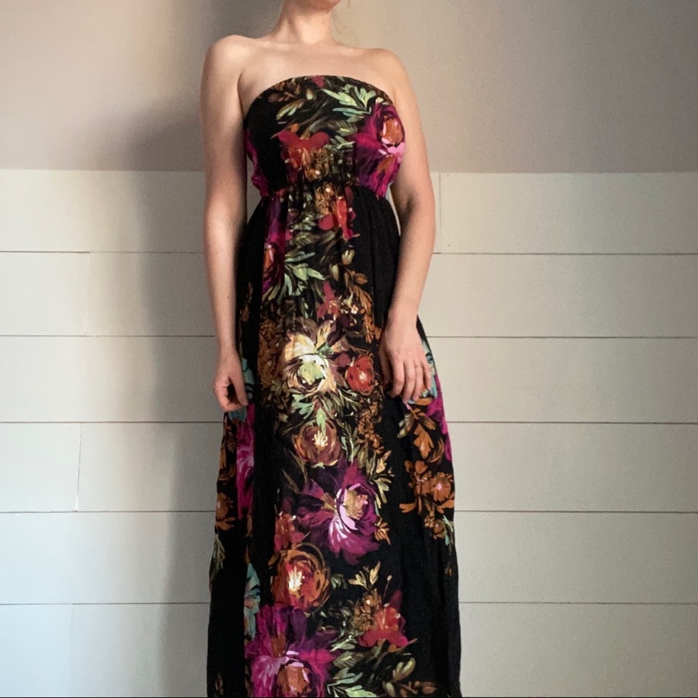 Black Strapless Floral Maxi